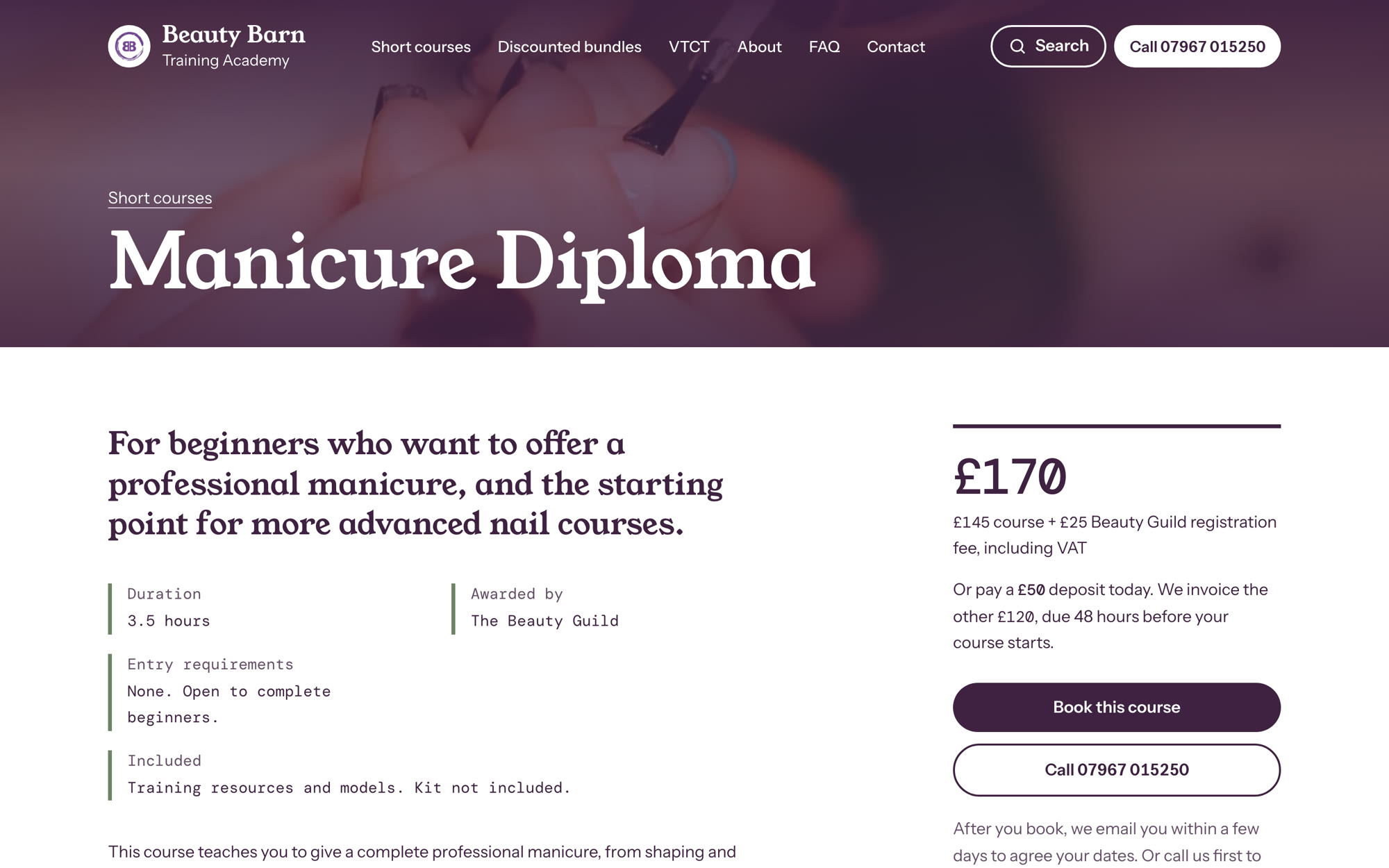 A course page: the fee, the deposit to pay today and a button to book