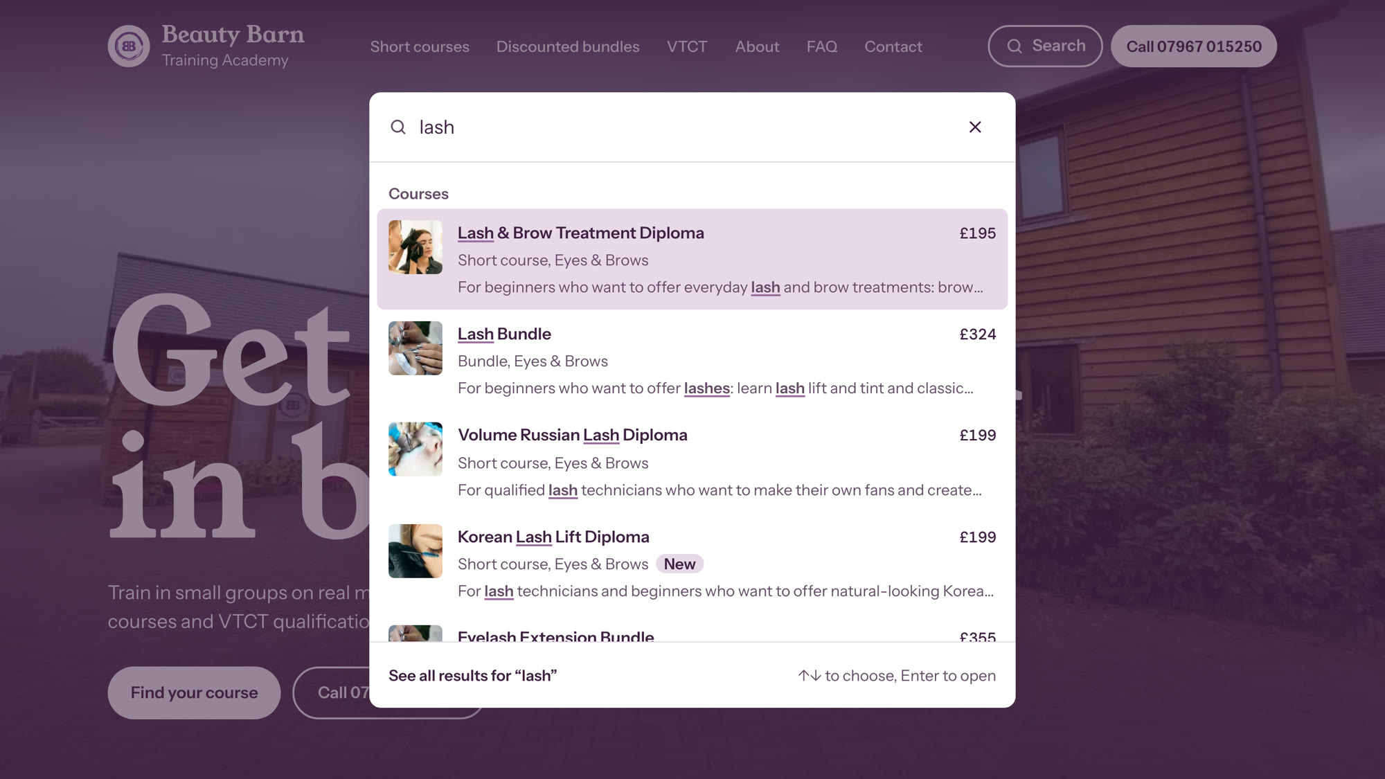 Searching the site for “lash”: matching courses with photos, prices and the word highlighted