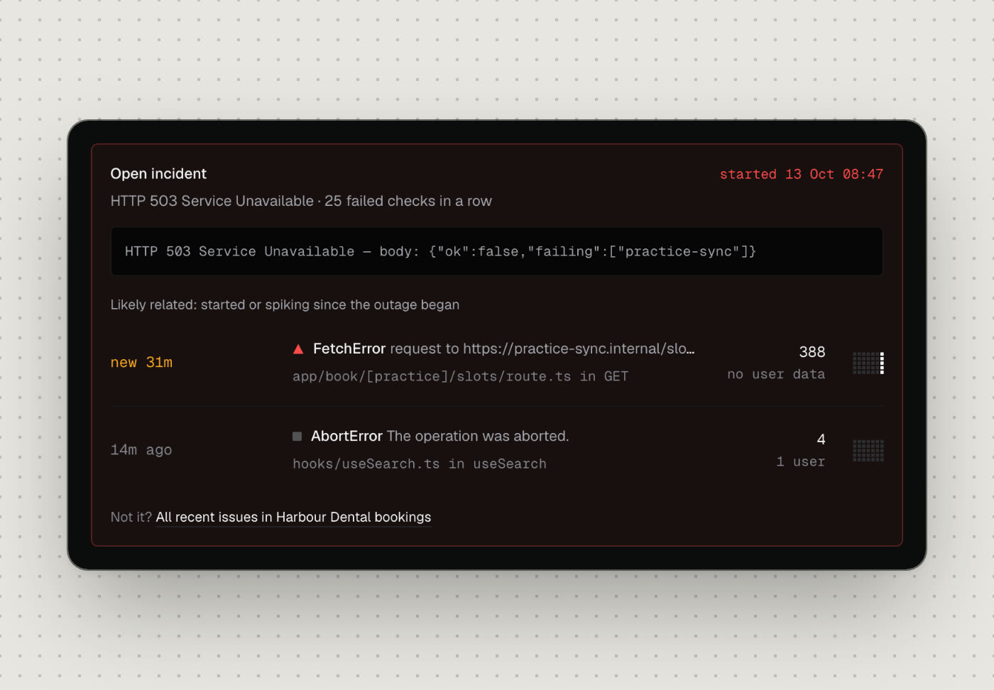 An open uptime incident, with the errors that started alongside it