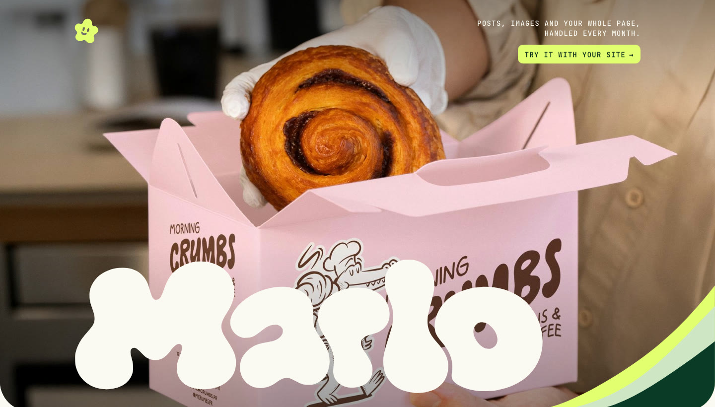 Marlo’s home page: a cinnamon bun lifted from a pink box behind the Marlo wordmark