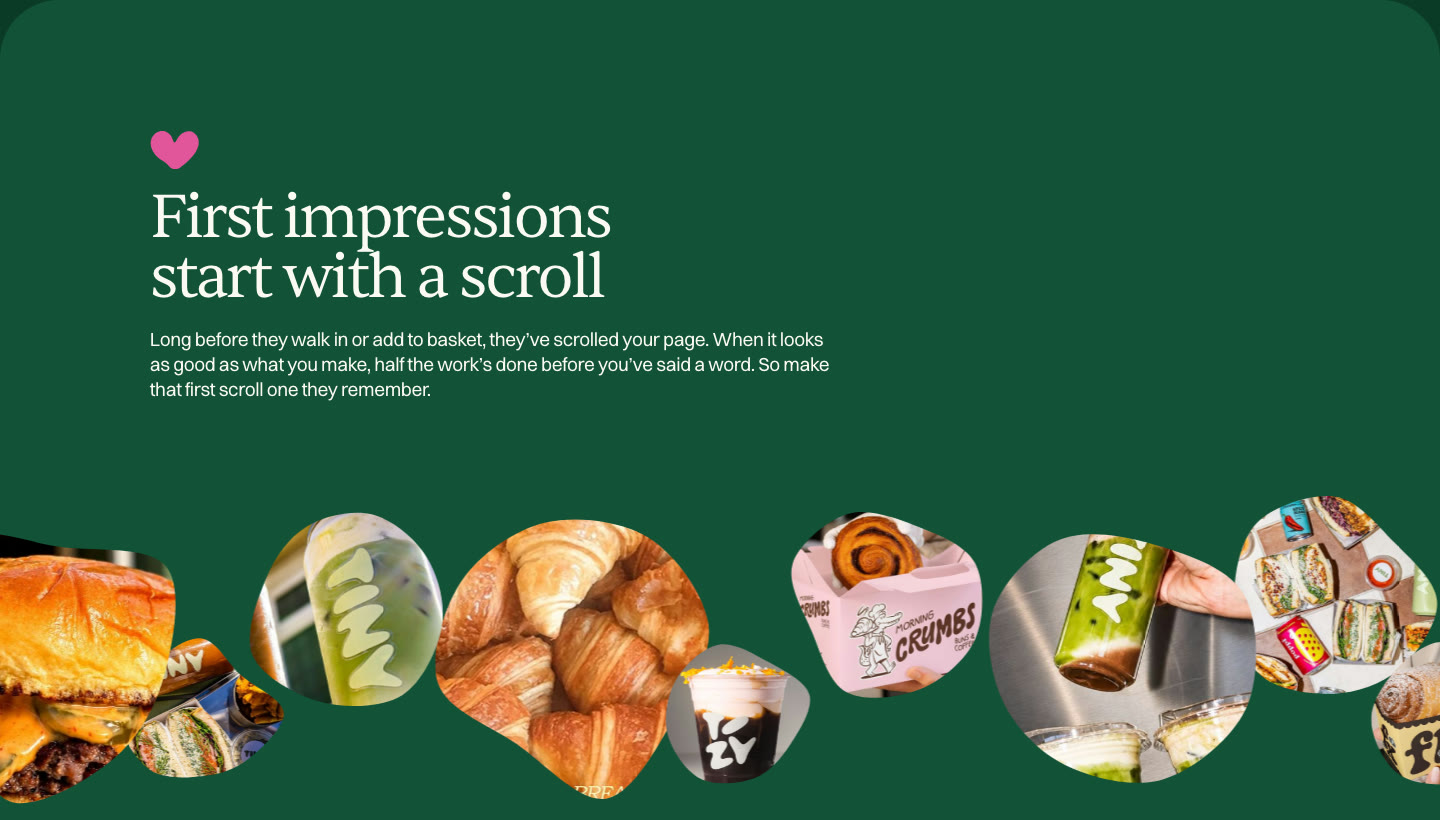 “First impressions start with a scroll”, over a wall of food photos cut into blobs