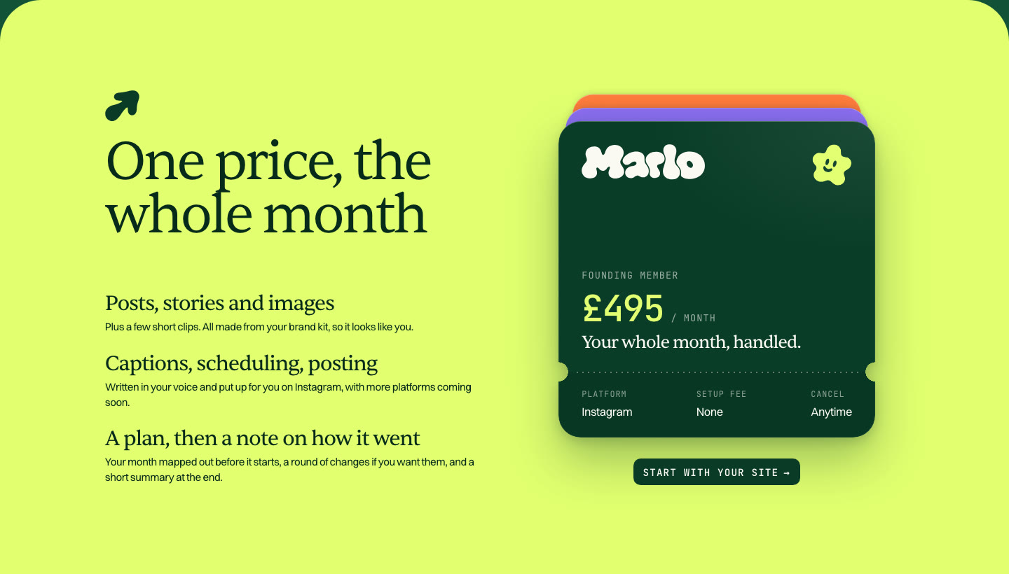 The pricing section: a membership card on a lime background